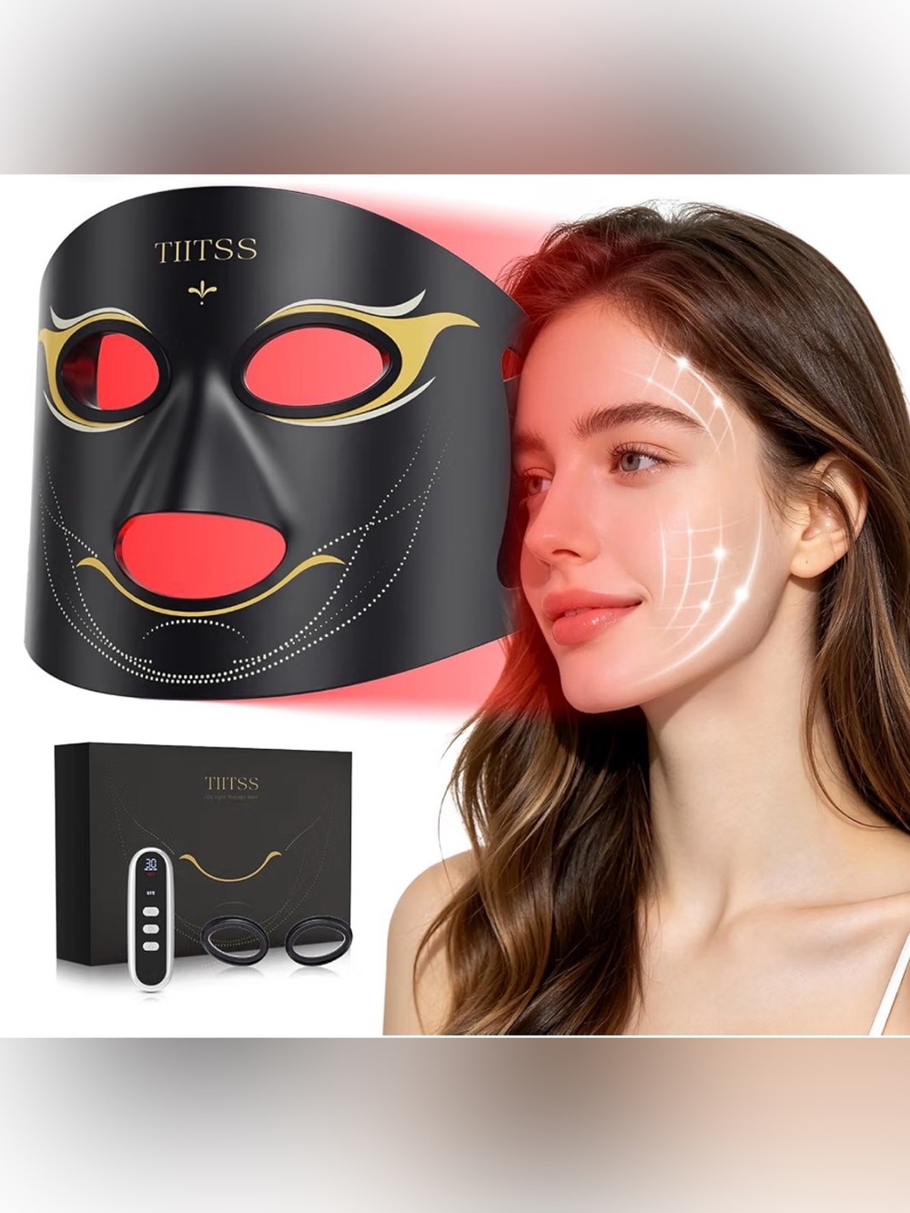 TIITSS Red Light Therapy Face Mask Rechargeable 400 Beams 4 Modes 860NM Black